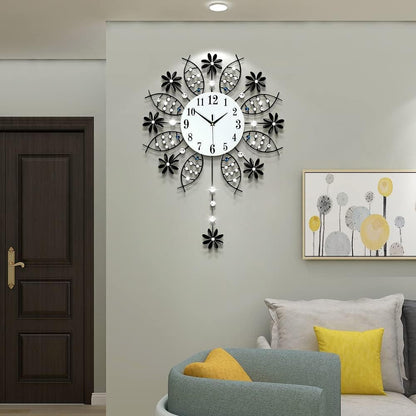 Decorative Wall Clock for Living Room Decor Big Luxury Black Modern Crystal Wall Clock with Pendulum Battery Operated Non-Ticking Large Silent Metal Clock for Kitchen Office Bedroom