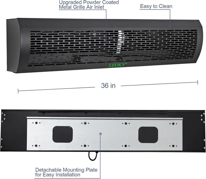 Air Curtain Black 36 Inch 2 Speeds Remote Control Air Curtain Super Power,Door Blower to Keep Flies Out,Magnetic Door Switch Air Curtains for Doors Commercial,Household Unheated,All-copper wire motors