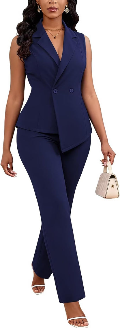 Kafiloe Pant Suits for Women Dressy 2 Piece Business Casual Outfits Sleeveless Blazer Vest Straight Pants Set