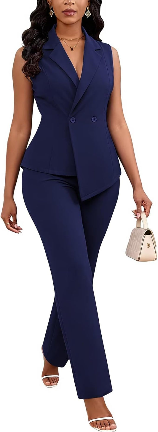 Kafiloe Pant Suits for Women Dressy 2 Piece Business Casual Outfits Sleeveless Blazer Vest Straight Pants Set