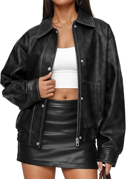 Trendy Queen Women's Oversized Leather Jackets Fall Motorcycle Bomber Winter Coats 2026