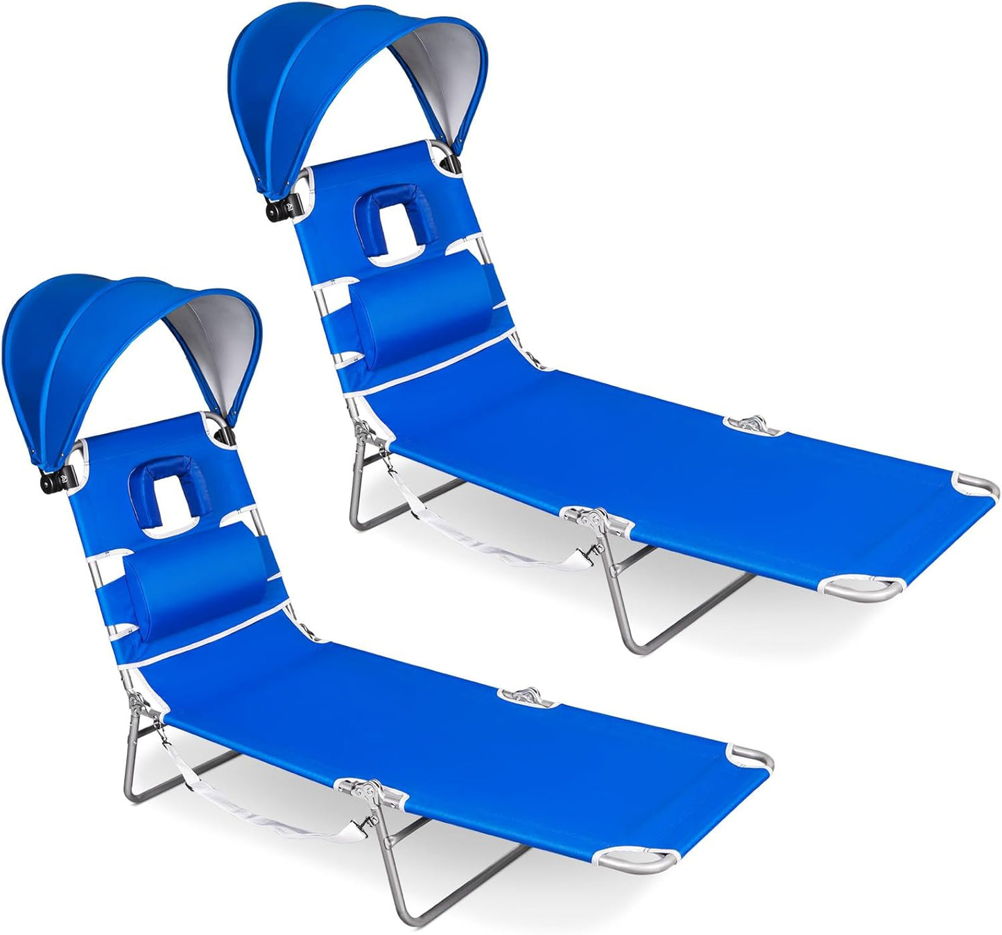 Romswi 2PK Folding Tanning Beach Chair with Face Hole & Canopy Shade, 5-Position Reclining Sun Lounger, Portable Face Down Tanning Chair with Arm Holes & Side Pocket for Beach, Pool & Patio,Royal Blue