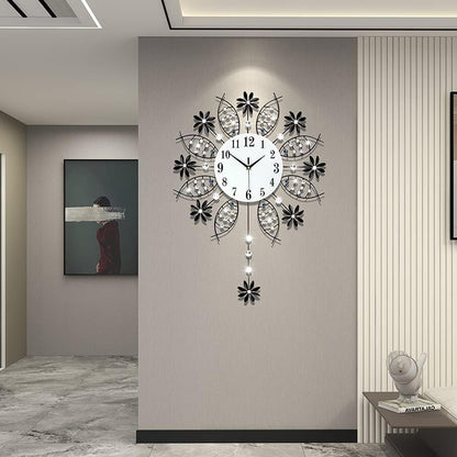 Decorative Wall Clock for Living Room Decor Big Luxury Black Modern Crystal Wall Clock with Pendulum Battery Operated Non-Ticking Large Silent Metal Clock for Kitchen Office Bedroom