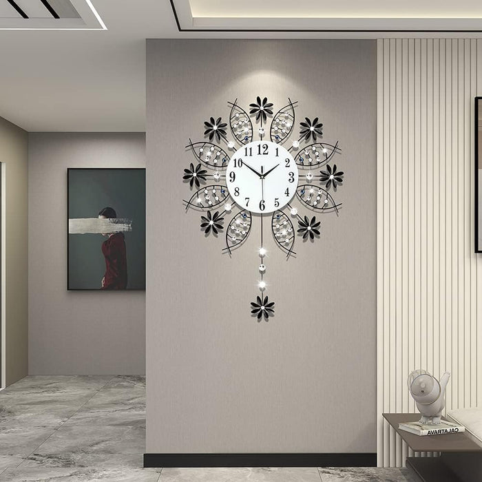Decorative Wall Clock for Living Room Decor Big Luxury Black Modern Crystal Wall Clock with Pendulum Battery Operated Non-Ticking Large Silent Metal Clock for Kitchen Office Bedroom