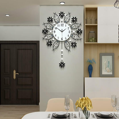 Decorative Wall Clock for Living Room Decor Big Luxury Black Modern Crystal Wall Clock with Pendulum Battery Operated Non-Ticking Large Silent Metal Clock for Kitchen Office Bedroom