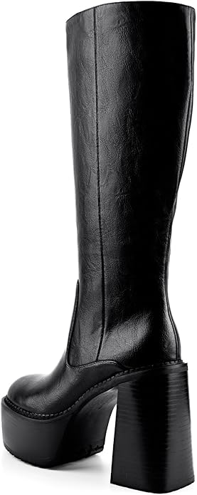 Platform Mid Calf Boots for Women High Heel Block Heel Women’s Tall Boots Square Toe Comfortable Casual Boots Trendy Stylish Shoes