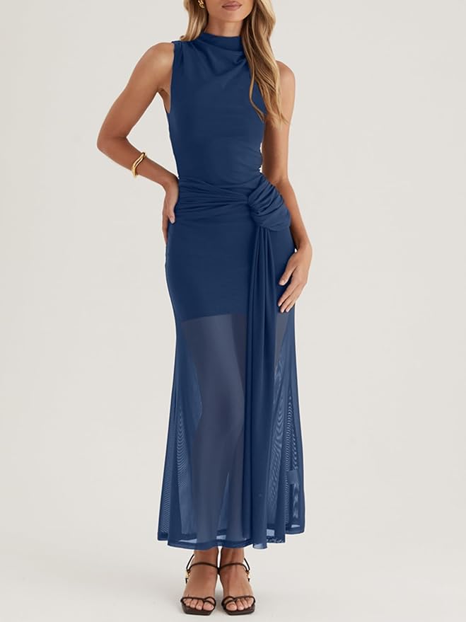 Owin Women’s Bodycon Long Maxi Dress Elegant Sleeveless Mock Neck Ruched Mesh Sheer Hem Cocktail Wedding Guest Dress