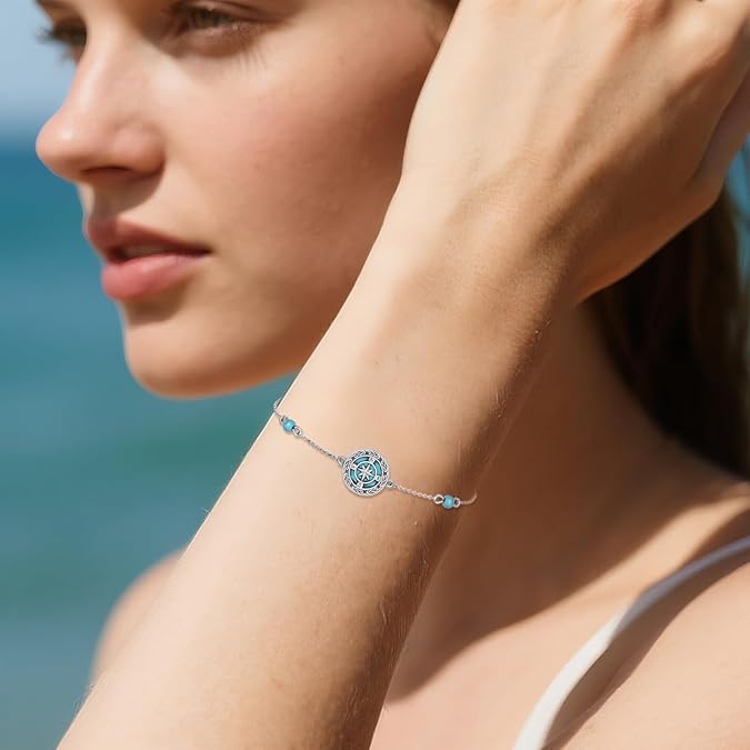 Aihpos Sterling Silver Turquoise Bracelet - Adjustable Turquoise Link Bracelet Gemstone Jewelry for Women Her