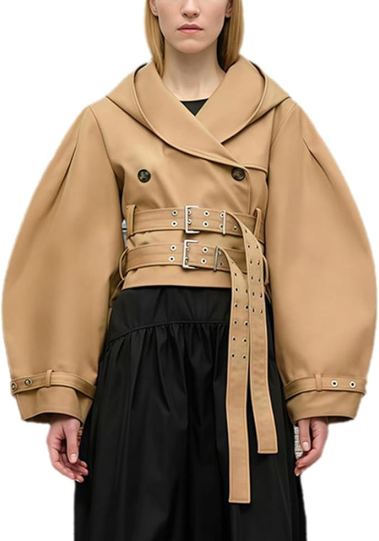 Wuitrie Women's Vintage Leather Hooded Coat Puff Sleeve Belted Waist Oversized Short Jacket Fall Casual Vacation Outwear