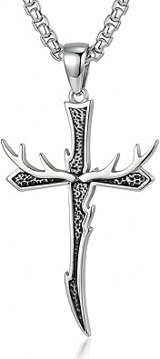 Dagger Cross Necklace for Men Stainless Steel Deer Antler Pendant Necklace Hunting Jewelry Birthday Gifts for Father Husband Brother 22+2”