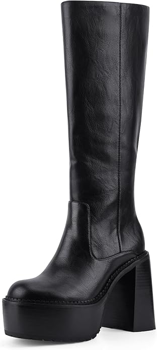 Platform Mid Calf Boots for Women High Heel Block Heel Women’s Tall Boots Square Toe Comfortable Casual Boots Trendy Stylish Shoes