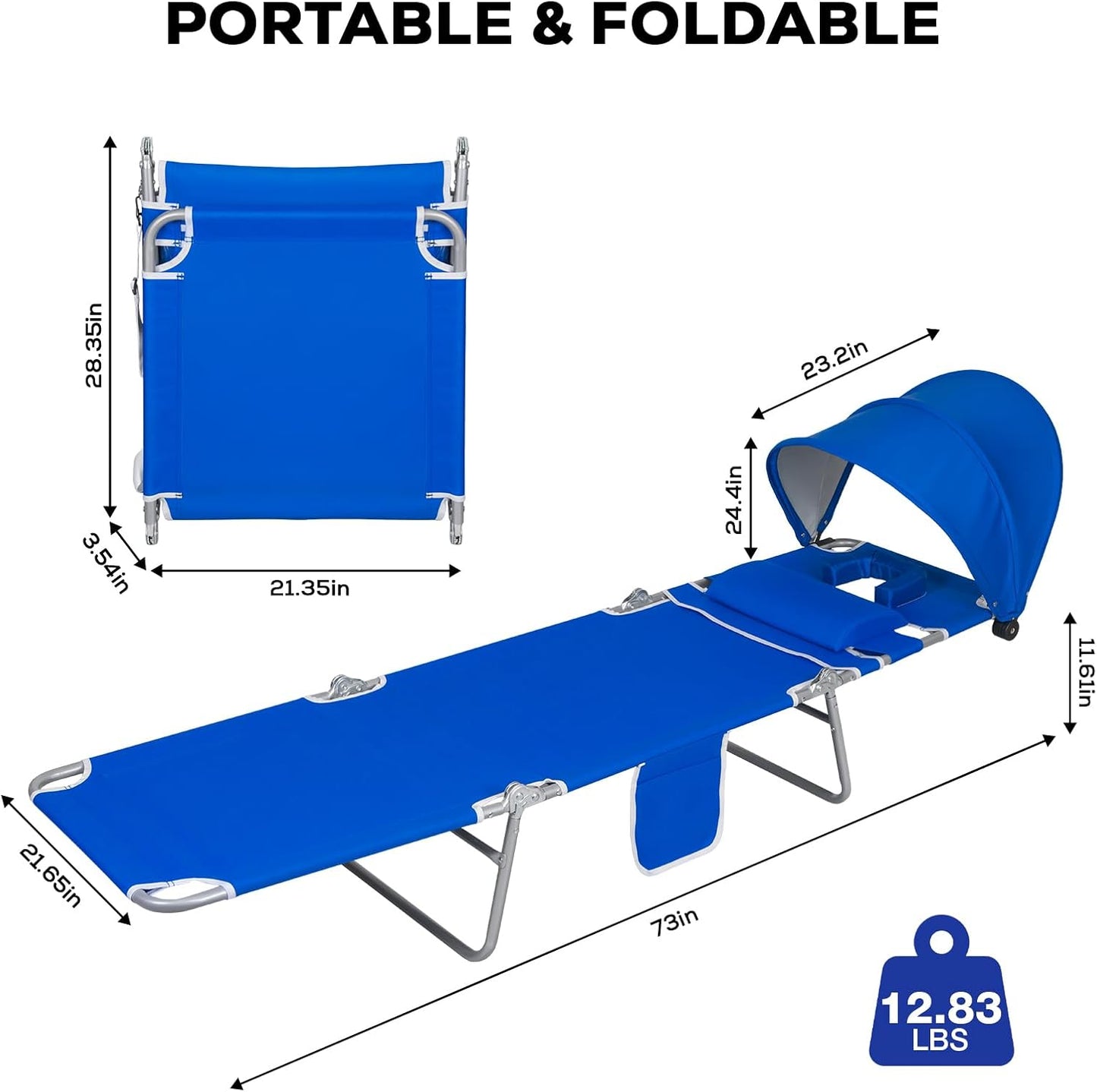 Romswi 2PK Folding Tanning Beach Chair with Face Hole & Canopy Shade, 5-Position Reclining Sun Lounger, Portable Face Down Tanning Chair with Arm Holes & Side Pocket for Beach, Pool & Patio,Royal Blue