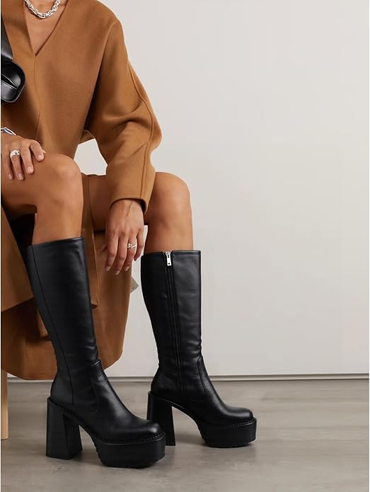 Platform Mid Calf Boots for Women High Heel Block Heel Women’s Tall Boots Square Toe Comfortable Casual Boots Trendy Stylish Shoes