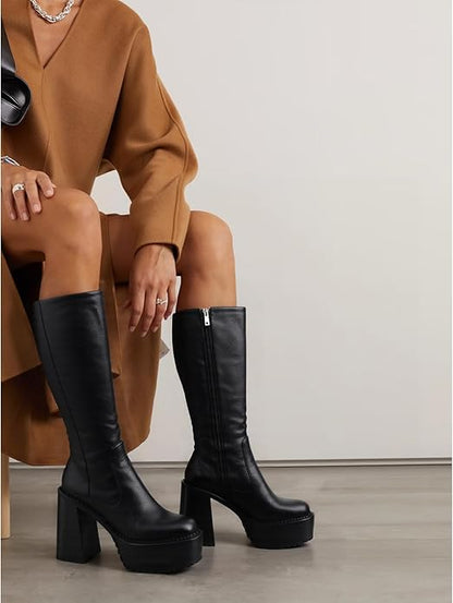 Platform Mid Calf Boots for Women High Heel Block Heel Women’s Tall Boots Square Toe Comfortable Casual Boots Trendy Stylish Shoes