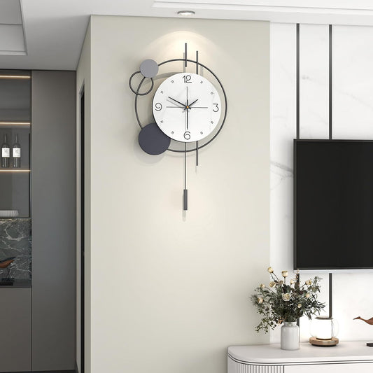 JTWALCLOCK Decorative Wall Clock for Living Room Decor Large Modern Black Metal Wall Clock with Pendulum Battery Operated Non Ticking 15 Inch Big Silent Clock for Kitchen Office Bedroom Home Decor