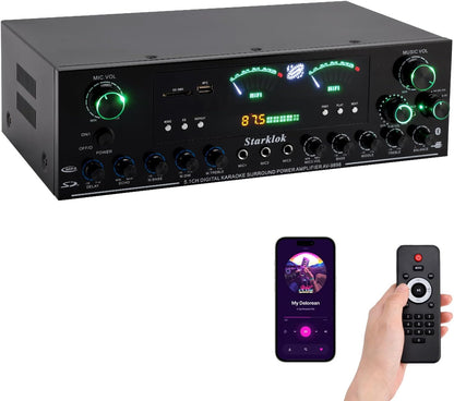3000W Peak 5.1-Channel Home Audio Power Amplifier – HiFi Stereo Amplifier with Subwoofer, 3 Microphone Inputs, USB/SD Card Reader, Remote Control for Karaoke & Home Theater