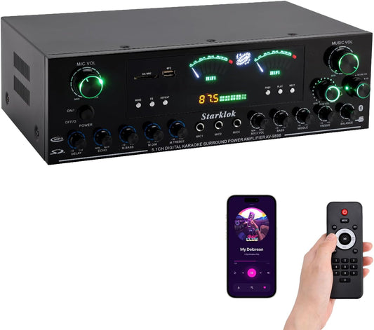 3000W Peak 5.1-Channel Home Audio Power Amplifier – HiFi Stereo Amplifier with Subwoofer, 3 Microphone Inputs, USB/SD Card Reader, Remote Control for Karaoke & Home Theater