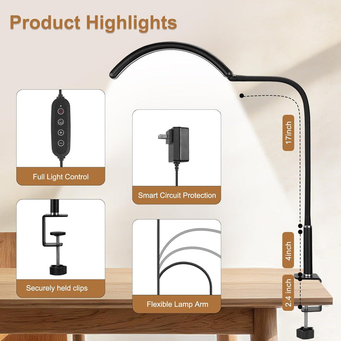 ebrlaxin Half Moon Desk Light for Nail Tech, Eyelash Extensions, Tattoo Art, Skincare, Crafting, Reading, and Office Use - Adjustable Brightness and 3 Color Modes in a Versatile Table Lamp