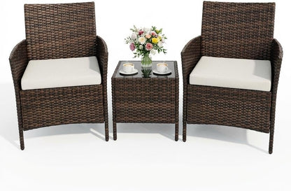 3PCS Outdoor Patio Bistro Set, PE Rattan Wicker Armchairs with Water-Resistant Cushions & Tempered Glass Coffee Table, All-Weather Conversation Set for Garden, Backyard, Porch, Poolside, Brown/Beige