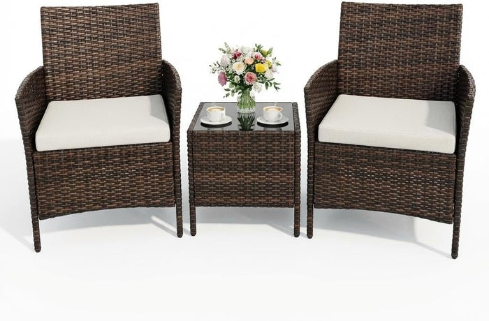 3PCS Outdoor Patio Bistro Set, PE Rattan Wicker Armchairs with Water-Resistant Cushions & Tempered Glass Coffee Table, All-Weather Conversation Set for Garden, Backyard, Porch, Poolside, Brown/Beige