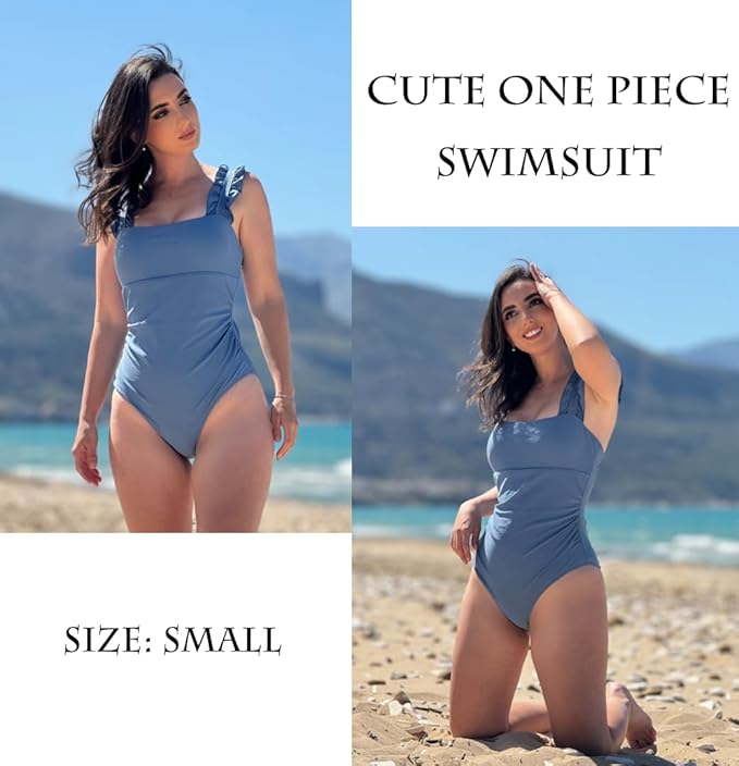 Ekouaer Women's One Piece Swimsuits Square Neck Tummy Control Bathing Suit with Adjustable Ruffled Straps Swimwear