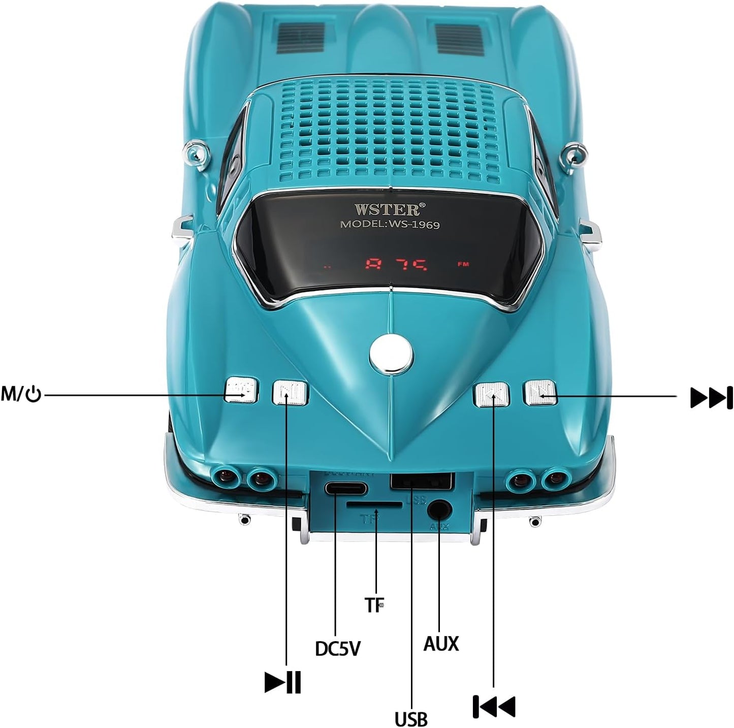 WS-1969 Retro Sports Car Bluetooth Replica Speaker – Portable Wireless Model with HD Sound, TWS Stereo Pairing, FM Radio, USB/TF Playback, LED Headlights & Taillights, Built-in Mic (Green)