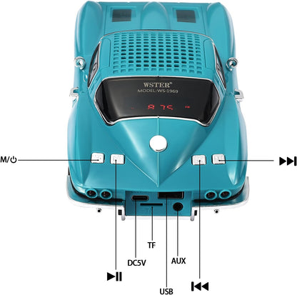 WS-1969 Retro Sports Car Bluetooth Replica Speaker – Portable Wireless Model with HD Sound, TWS Stereo Pairing, FM Radio, USB/TF Playback, LED Headlights & Taillights, Built-in Mic (Green)