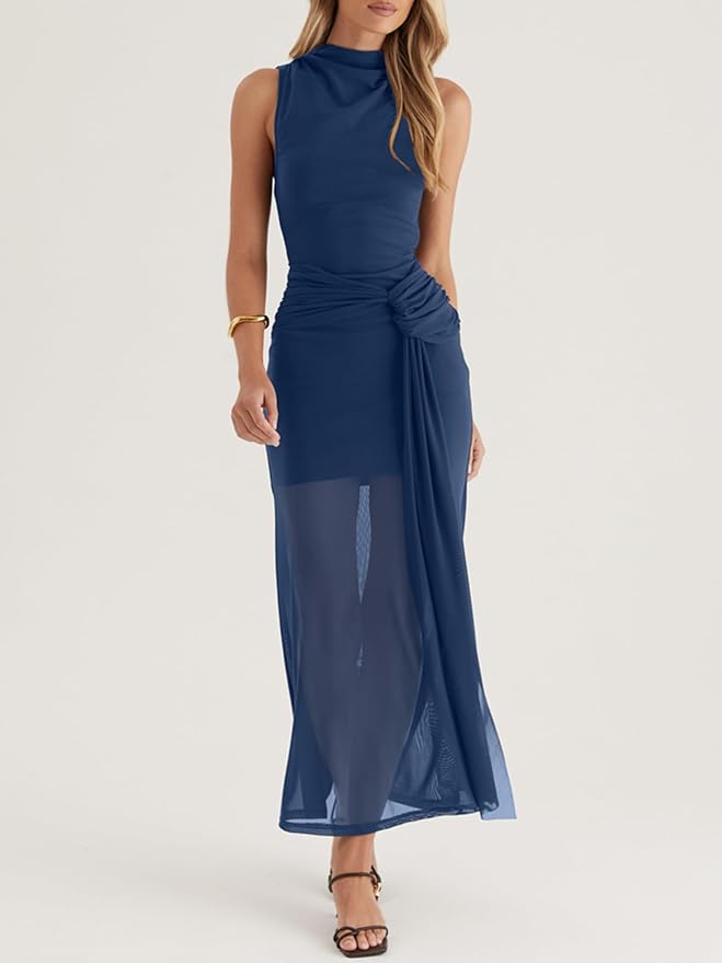 Owin Women’s Bodycon Long Maxi Dress Elegant Sleeveless Mock Neck Ruched Mesh Sheer Hem Cocktail Wedding Guest Dress