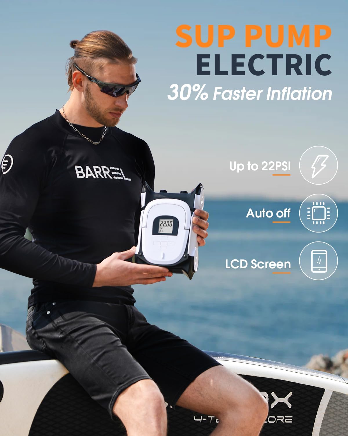 Paddle Board Pump with DC 12V Car Power Connector for Inflatable SUP and Boat, 22PSI Portable Electric Air Pump for Paddleboard with Auto-Off Function and Kayak Accessories