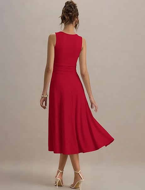 IWD Women's Square Neck A Line Midi Dress Ruched Waist Corset Flowy Elegant Wedding Guest Long Dresses