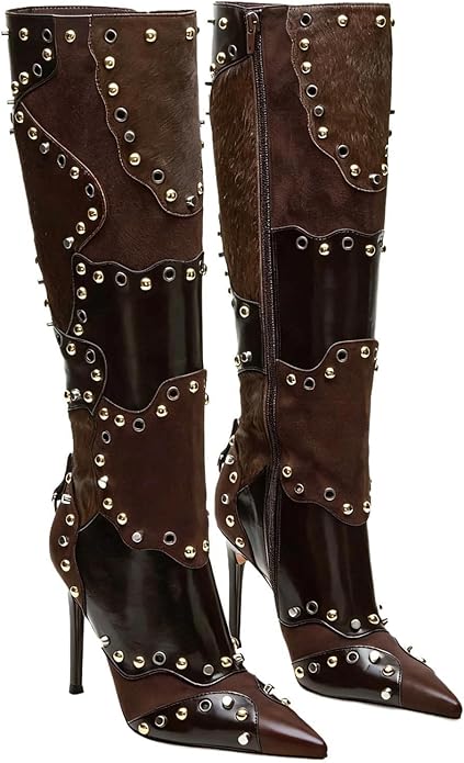 Women's Knee High Stiletto Boots – Pointed Toe Rivet Tall Boots with Side Zipper, Sexy High Heel Dress Boots for Party Nightclub Evening Clubwear Fall Winter Fashion Booties