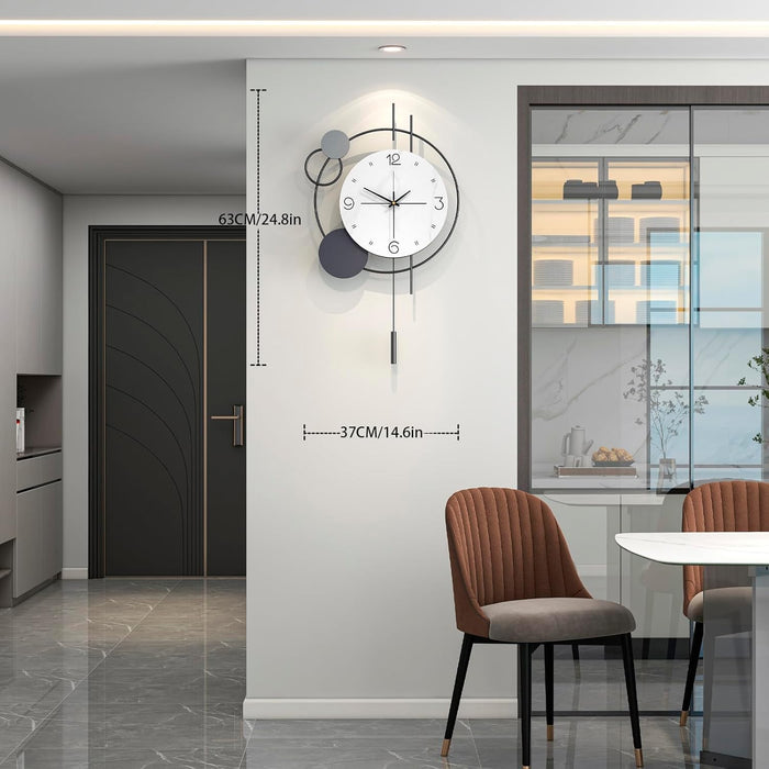 JTWALCLOCK Decorative Wall Clock for Living Room Decor Large Modern Black Metal Wall Clock with Pendulum Battery Operated Non Ticking 15 Inch Big Silent Clock for Kitchen Office Bedroom Home Decor