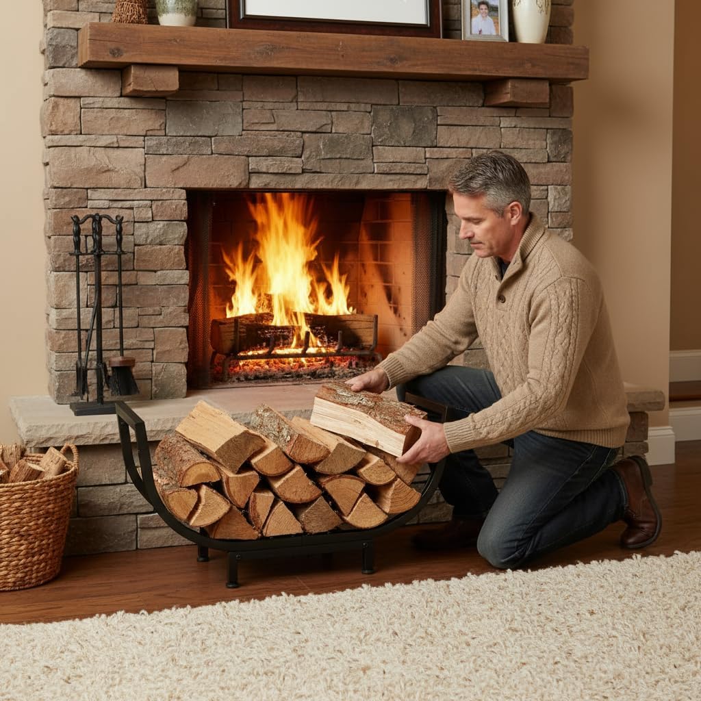 Thornfield 24.5 Inch Curved Firewood Rack, Indoor Outdoor Durable Log Holder, Heavy-Duty Fireplace Wood Storage Rack with 300lbs Load Capacity, Waterproof & Rustproof