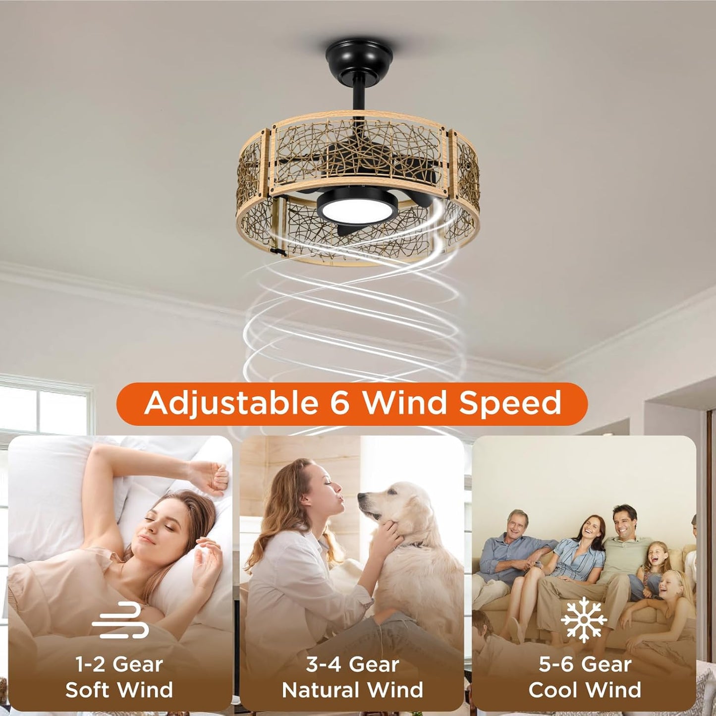 TALOYA 20 Inch Caged Ceiling Fans with Lights Chandelier Remote Control Flush Mount Low Profile for Bedroom Living Room Patio,Reversible,Buzzer Mute,Dimmable Led Light Included,Fandelier,Oak
