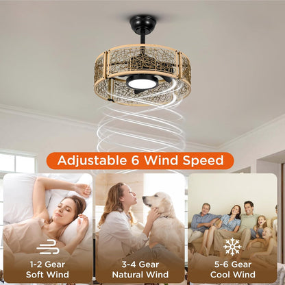 TALOYA 20 Inch Caged Ceiling Fans with Lights Chandelier Remote Control Flush Mount Low Profile for Bedroom Living Room Patio,Reversible,Buzzer Mute,Dimmable Led Light Included,Fandelier,Oak
