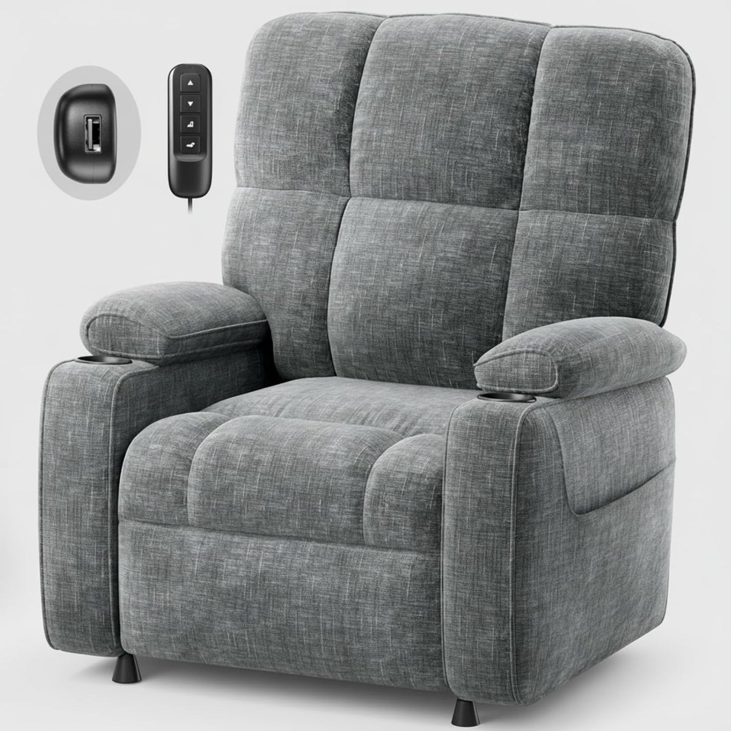 Amada Power Recliner Chair for Adults, Infinite Adjustable Chenille Electric Recliner with Cup Holder, USB Port, Side Pockets & Remote, Thick Seat Cushion, Reclining Chair for Living Room & Bedroom