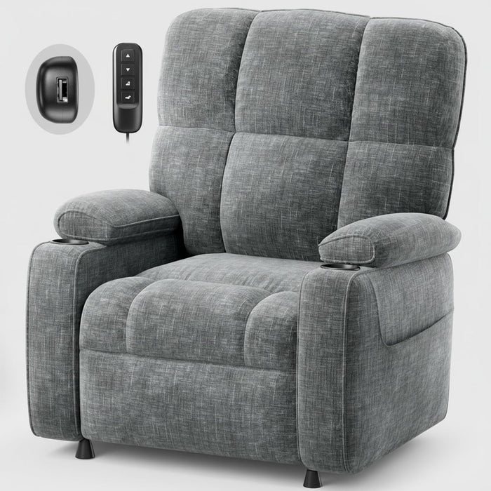 Amada Power Recliner Chair for Adults, Infinite Adjustable Chenille Electric Recliner with Cup Holder, USB Port, Side Pockets & Remote, Thick Seat Cushion, Reclining Chair for Living Room & Bedroom