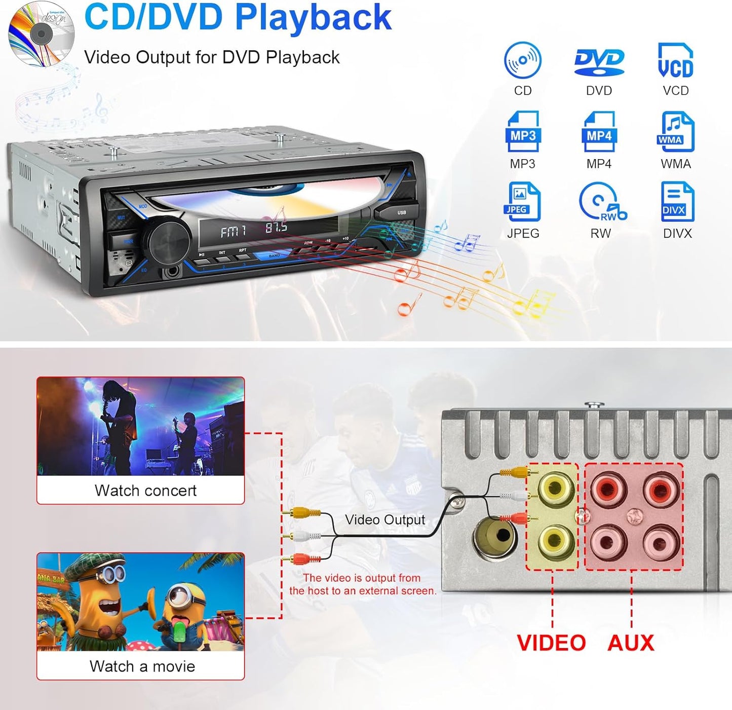 Single Din Car Stereo with CD/DVD Player, Single Din Radio with SD Card/AUX/USB Playback, AM/FM