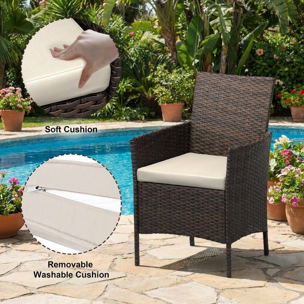 3PCS Outdoor Patio Bistro Set, PE Rattan Wicker Armchairs with Water-Resistant Cushions & Tempered Glass Coffee Table, All-Weather Conversation Set for Garden, Backyard, Porch, Poolside, Brown/Beige