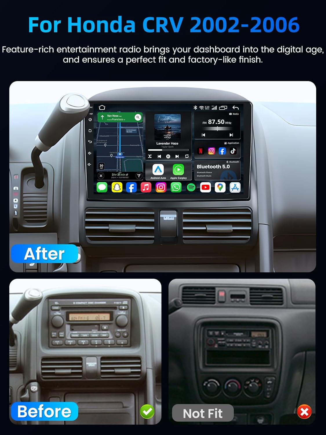 Car Radio for Honda CRV 2002-2006: 1280 * 800 HD Touchscreen Android 13 Car Stereo Upgrade Wireless Carplay & Android Auto DSP GPS Navigation 5G WiFi Backup Camera Bluetooth FM