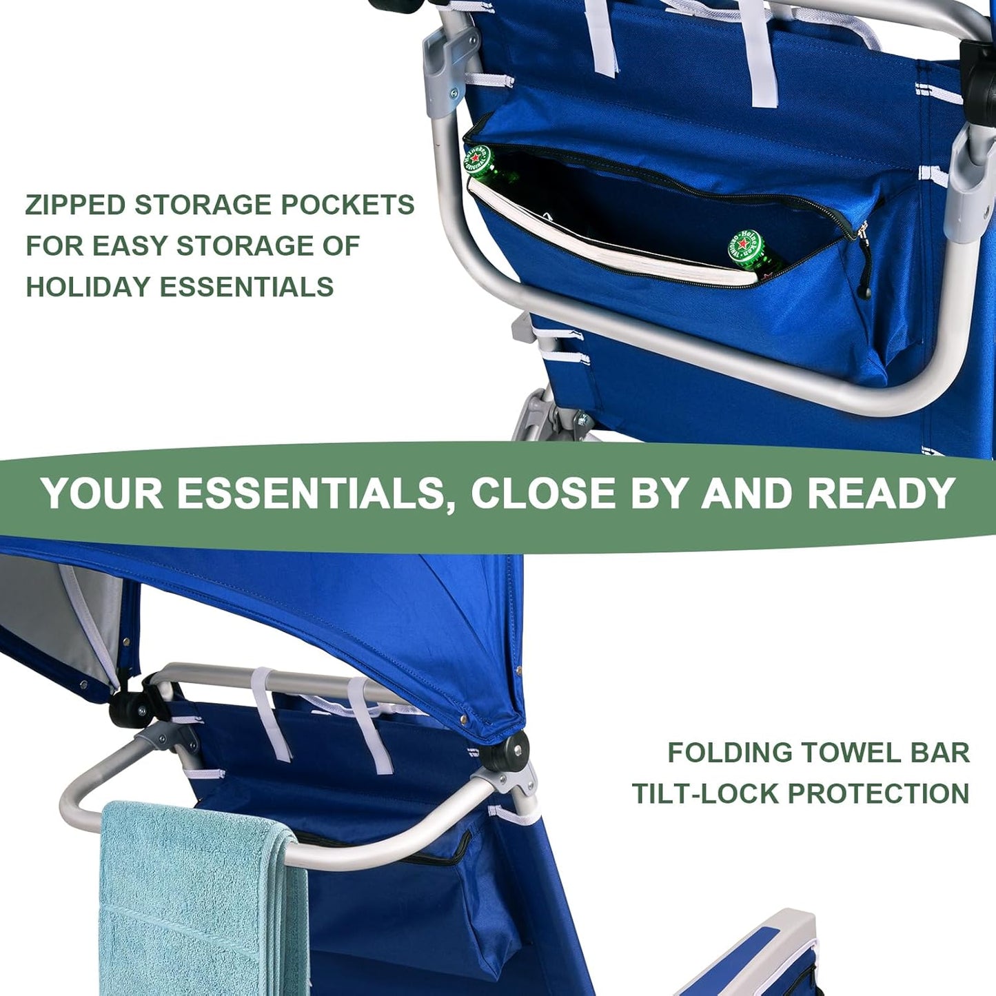 Romswi Extra Wide Beach Chair with Canopy Shade, 1 Pack Aluminum Folding Chairs with Detachable & Adjustable Umbrella, 5-Position Lay Flat, Cooler Bag, Cup & Phone Holder, Towel Bar, Royal Blue
