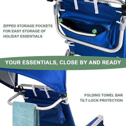 Romswi Extra Wide Beach Chair with Canopy Shade, 1 Pack Aluminum Folding Chairs with Detachable & Adjustable Umbrella, 5-Position Lay Flat, Cooler Bag, Cup & Phone Holder, Towel Bar, Royal Blue