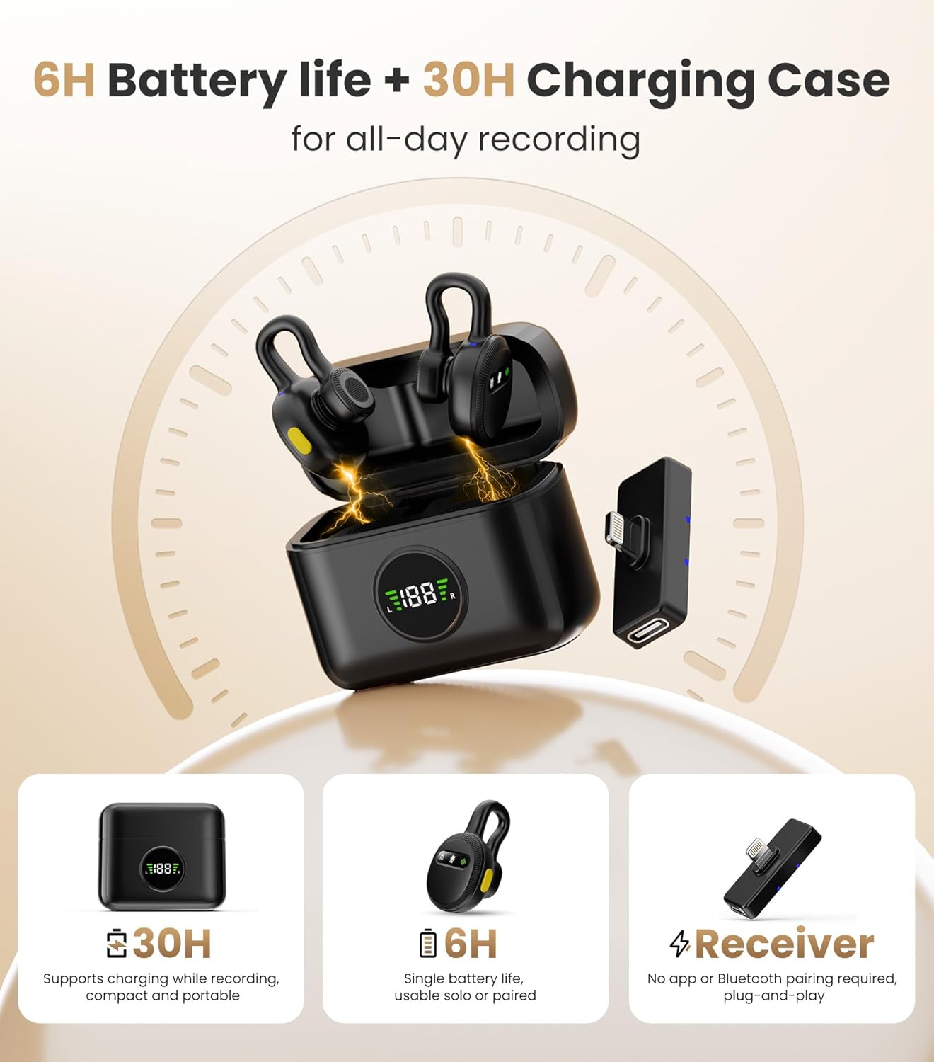 Tisino mini Wireless Lavalier Microphone for iPhone with Lighting Plug, Noise Reduction Mini Clip-on Lapel Mic with Charging Case, Portable for YouTube, TikTok, Vlog, Podcast, Interview Black