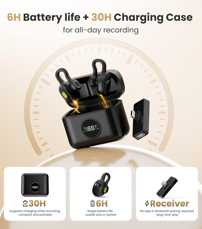 Tisino mini Wireless Lavalier Microphone for iPhone with Lighting Plug, Noise Reduction Mini Clip-on Lapel Mic with Charging Case, Portable for YouTube, TikTok, Vlog, Podcast, Interview Black