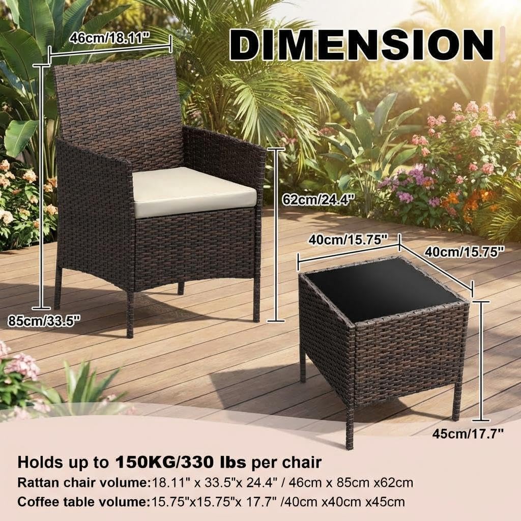 3PCS Outdoor Patio Bistro Set, PE Rattan Wicker Armchairs with Water-Resistant Cushions & Tempered Glass Coffee Table, All-Weather Conversation Set for Garden, Backyard, Porch, Poolside, Brown/Beige