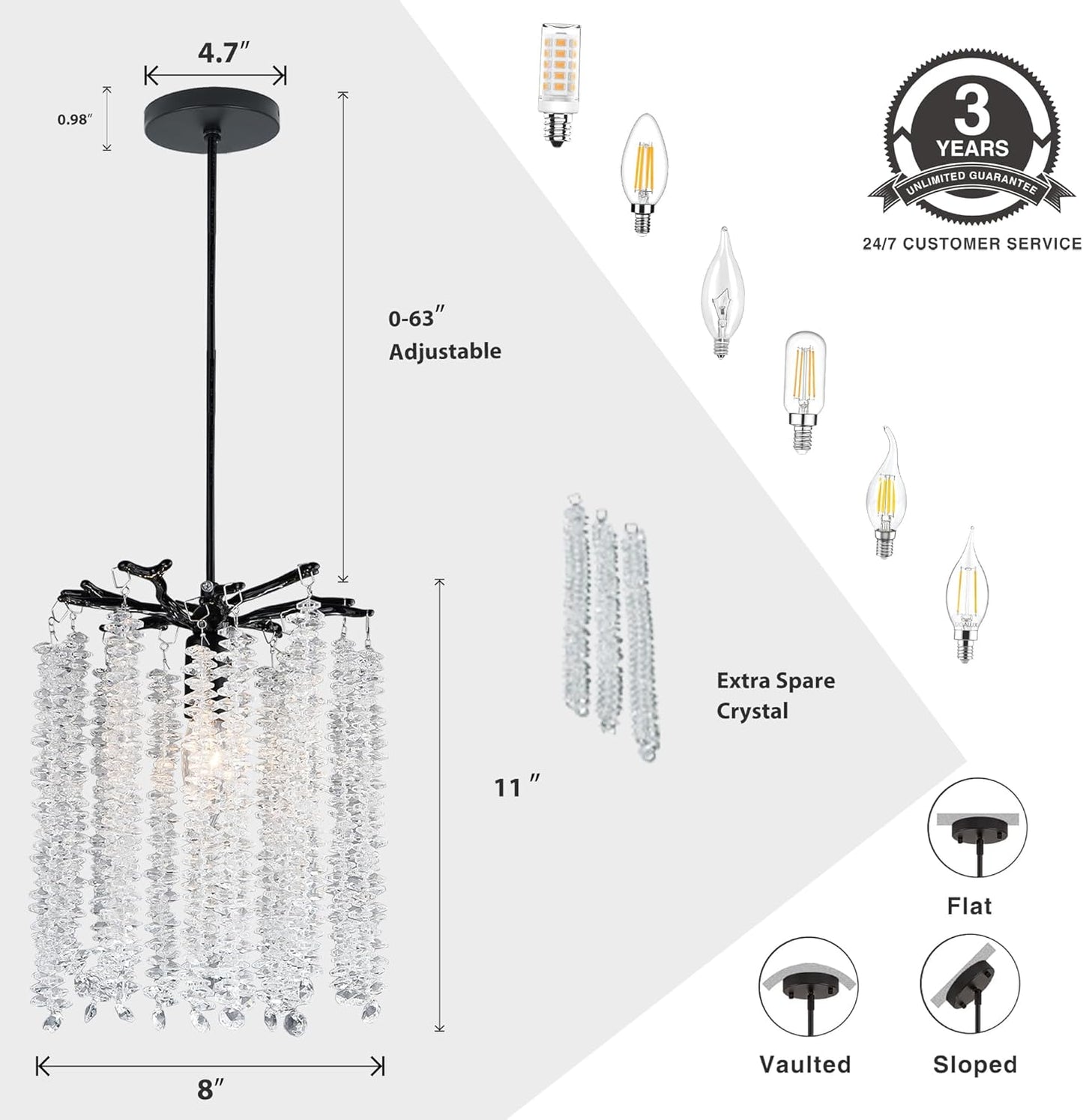 Twinklumen Black Crystal Pendant Light for Kitchen Island, Luxury Branch Chandelier Lights Fixture, Modern Elegant Adjustable Pendant Lighting for Dining Room Bedroom, E12 Bulb, L8'' x H11''