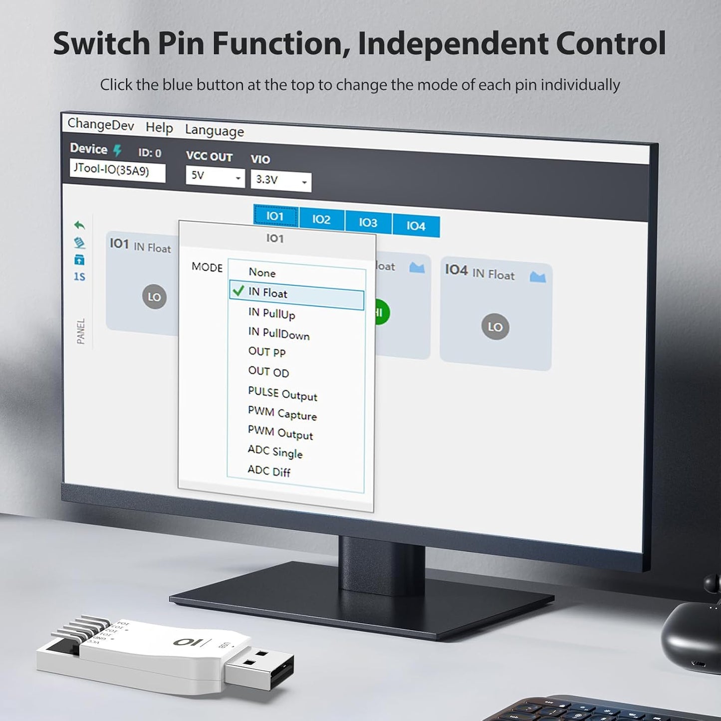 JIO Module USB to IO Debug Module,USB to PWM ADC IO Tool, 12-bit ADC, 4-Channel IO, Windows Compatible,Comes with English User Manual,Software,CMD Command,Dll for C#,Python Development