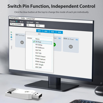 JIO Module USB to IO Debug Module,USB to PWM ADC IO Tool, 12-bit ADC, 4-Channel IO, Windows Compatible,Comes with English User Manual,Software,CMD Command,Dll for C#,Python Development