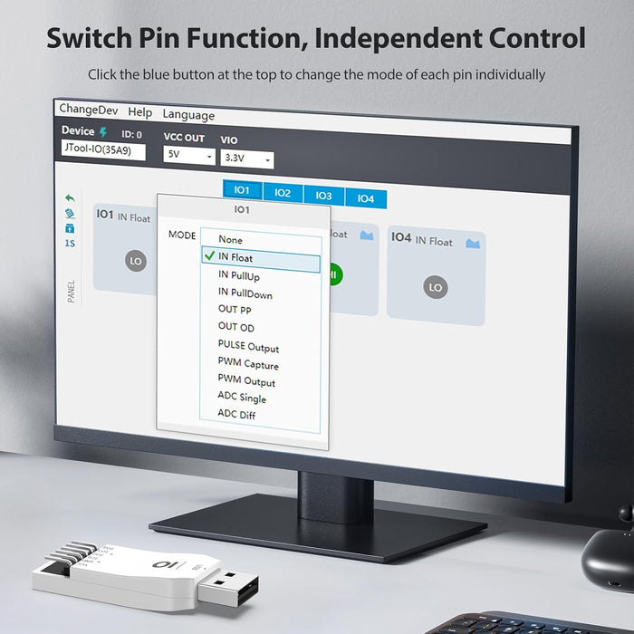 JIO Module USB to IO Debug Module,USB to PWM ADC IO Tool, 12-bit ADC, 4-Channel IO, Windows Compatible,Comes with English User Manual,Software,CMD Command,Dll for C#,Python Development