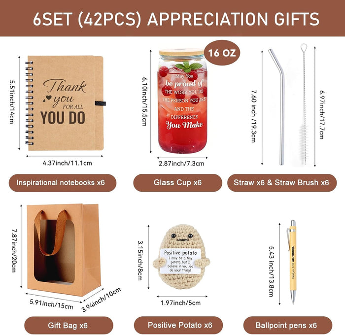 42 Pcs/6 Sets Employee appreciation gifts bulk - Includes 16oz glass cups with bamboo lid, Positive crochet, Kraft paper gift bags & straw - Thank you gifts for coworkers, Teachers, Staff & Team